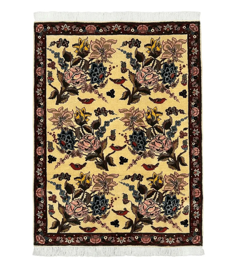 Persian Bidjar Rug 3.6 x 5 ft, Repeated Floral Motifs, Roses and Birds, Cream Burgundy, Fine Wool Oriental Bijar Carpet, Vintage Traditional Area Rug by Jewel Rugs