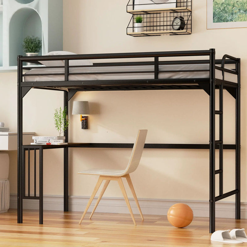 Twin Metal Loft Bed With Desk, Ladder And Guardrails, Bookdesk Under Bed - Black by Unique Piece Furniture