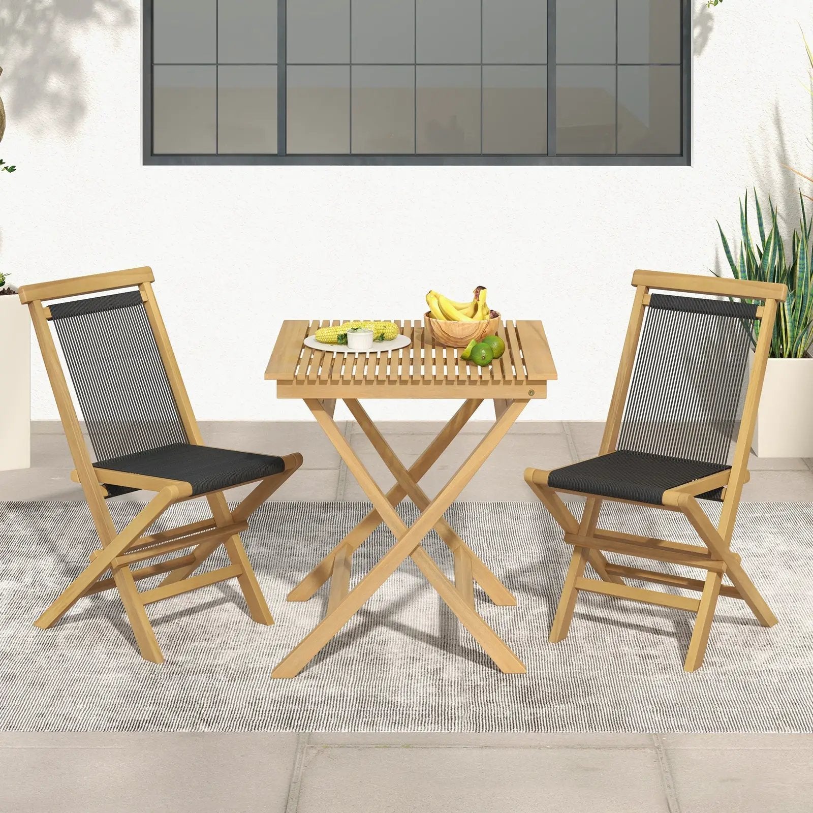 2 Piece Indonesia Teak Patio Folding Chairs with Woven Rope Seat and Back for Porch Backyard Poolside by DirectDeals