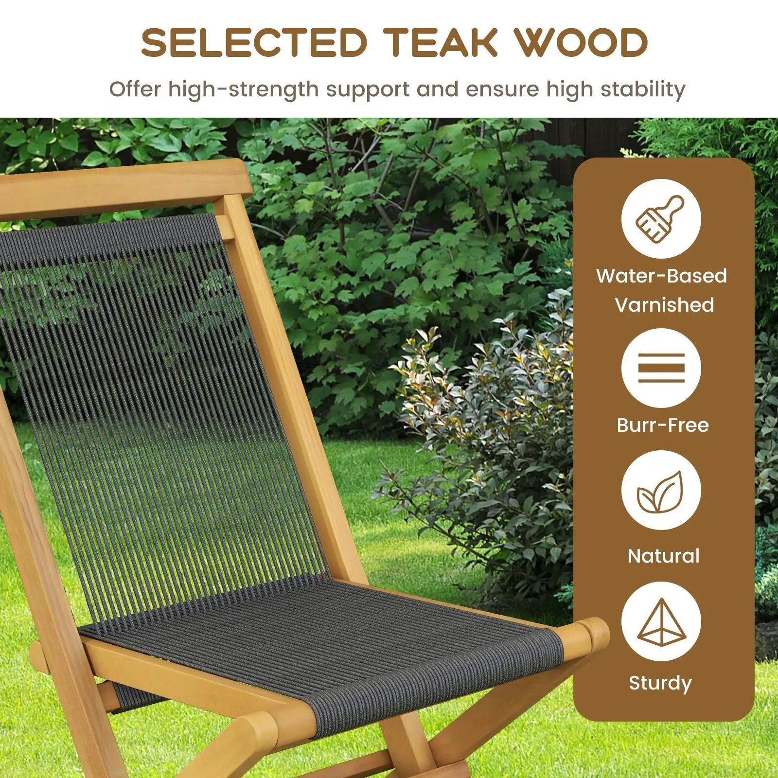 2 Piece Indonesia Teak Patio Folding Chairs with Woven Rope Seat and Back for Porch Backyard Poolside by DirectDeals