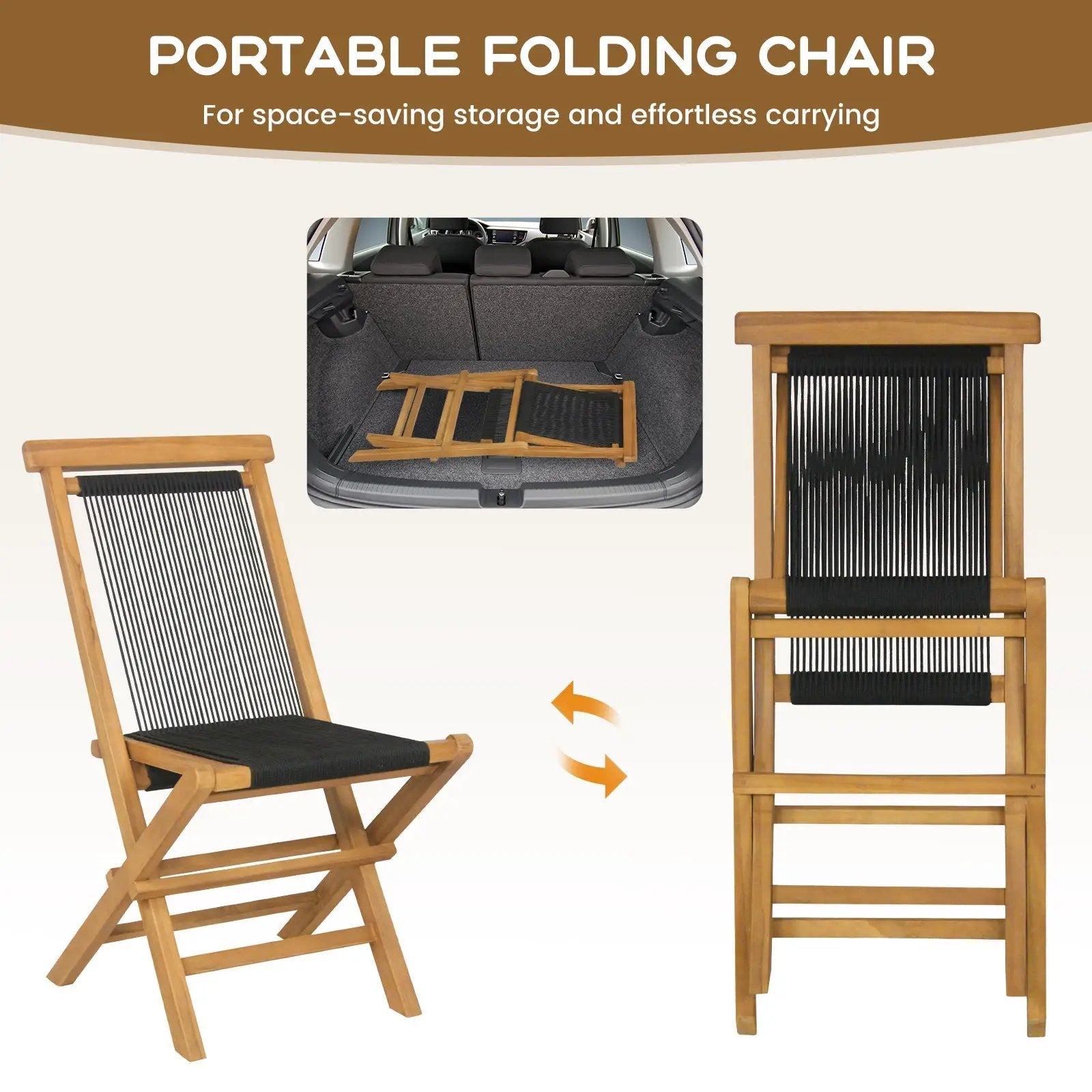 2 Piece Indonesia Teak Patio Folding Chairs with Woven Rope Seat and Back for Porch Backyard Poolside by DirectDeals