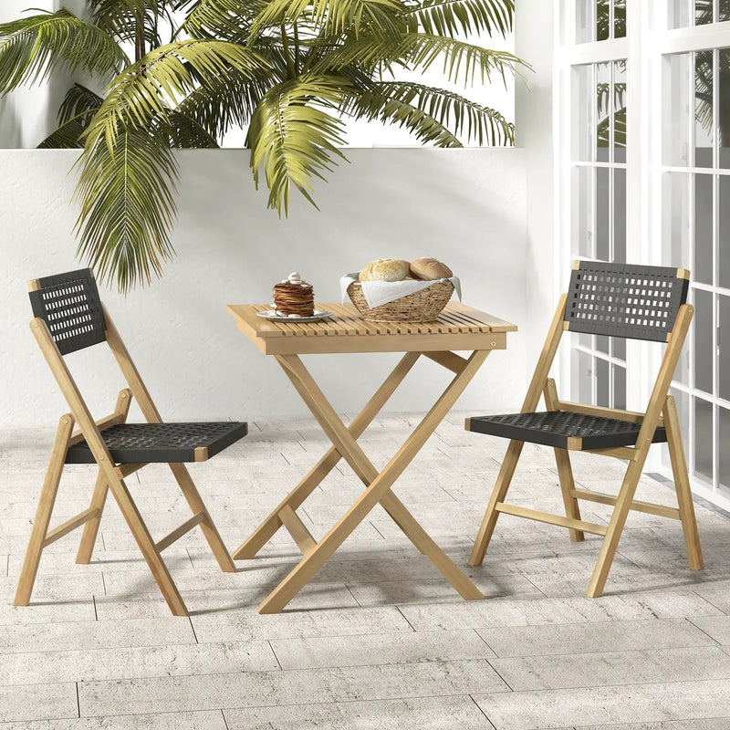 Set of 2 Folding Chairs Indonesia Teak Wood Dining Chairs with Woven Rope Seat and Back by DirectDeals