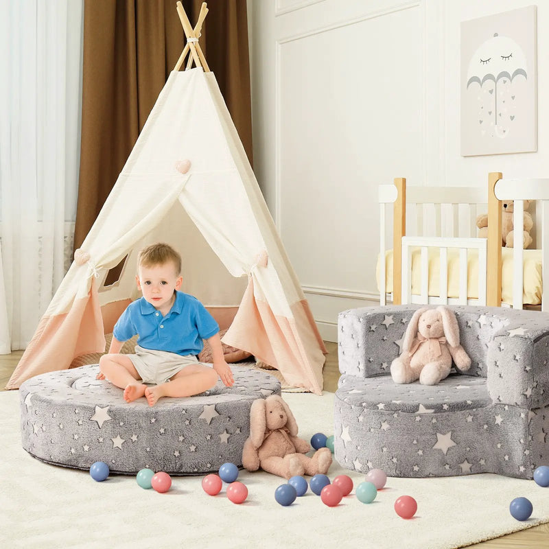 2-in-1 Toddler Chair Glow in the Dark Kids Couch with Cover Convertible Sofa-Gray by DirectDeals