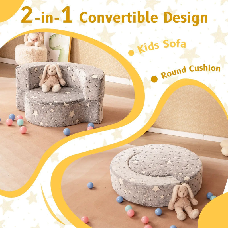 2-in-1 Toddler Chair Glow in the Dark Kids Couch with Cover Convertible Sofa-Gray by DirectDeals