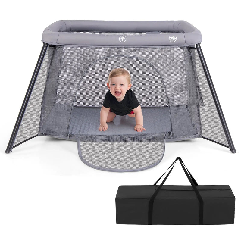 2-in-1 Portable Baby Playpen with Safety Enclosure and Padded Mattress-Dark Gray by DirectDeals