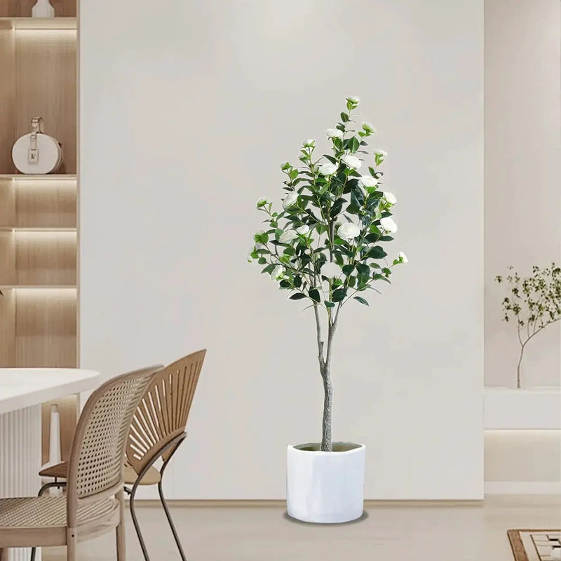 2pcs Artificial Camellia Tree with Realistic Trunk, Leaves, Flowers & Planter - 149.35cm/179.83cm Indoor Fake Plants with Lifelike Blooms, High-Quality Plastic & Steel Wire Construction, No Maintenance Required, Year-Round Ho by House Of Avana