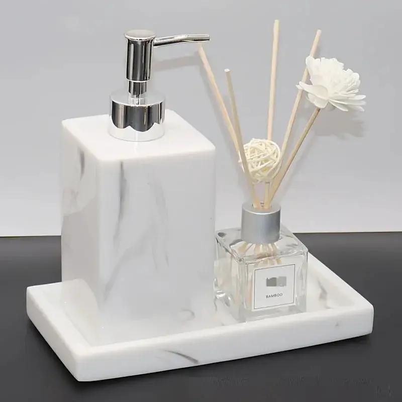 2pcs Bathroom Accessory Set, Marble Look, 500ml Soap Dispenser With Matching Tray, Elegant Countertop Decor by House Of Avana