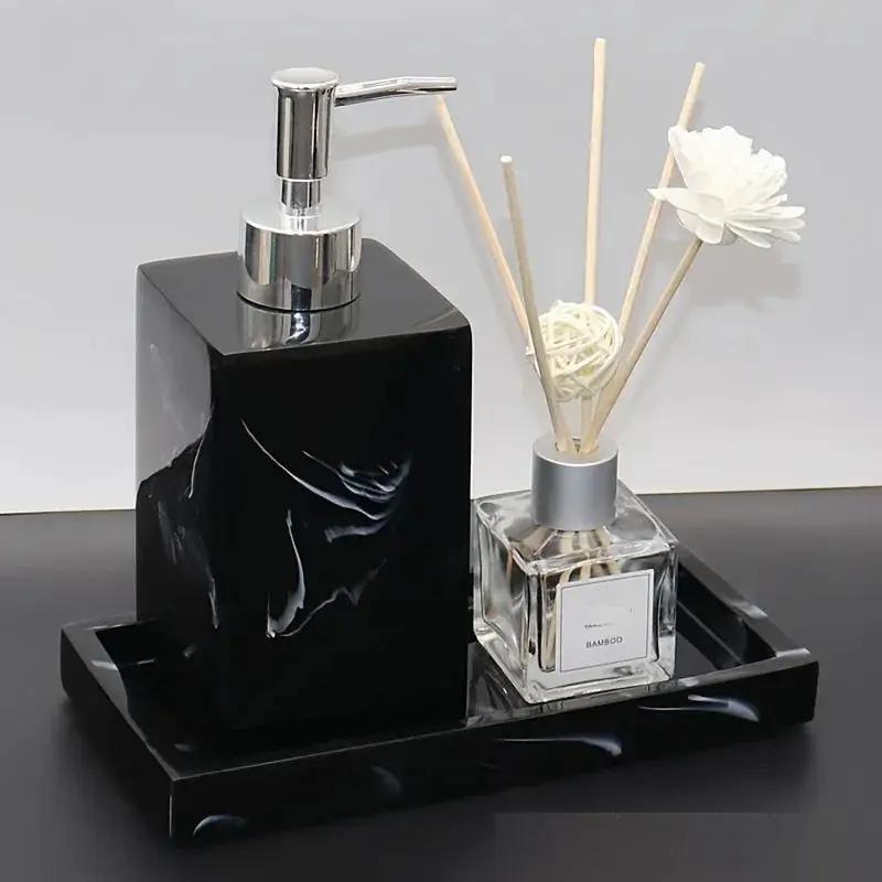 2pcs Bathroom Accessory Set, Marble Look, 500ml Soap Dispenser With Matching Tray, Elegant Countertop Decor by House Of Avana