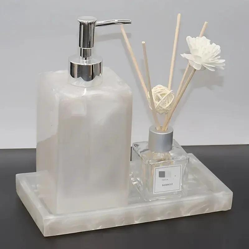 2pcs Bathroom Accessory Set, Marble Look, 500ml Soap Dispenser With Matching Tray, Elegant Countertop Decor by House Of Avana