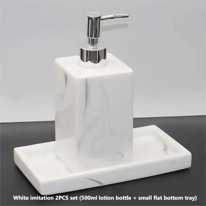 2pcs Bathroom Accessory Set, Marble Look, 500ml Soap Dispenser With Matching Tray, Elegant Countertop Decor by House Of Avana