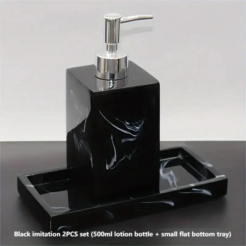 2pcs Bathroom Accessory Set, Marble Look, 500ml Soap Dispenser With Matching Tray, Elegant Countertop Decor by House Of Avana