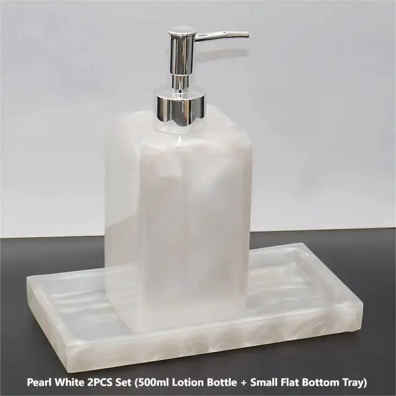 2pcs Bathroom Accessory Set, Marble Look, 500ml Soap Dispenser With Matching Tray, Elegant Countertop Decor by House Of Avana