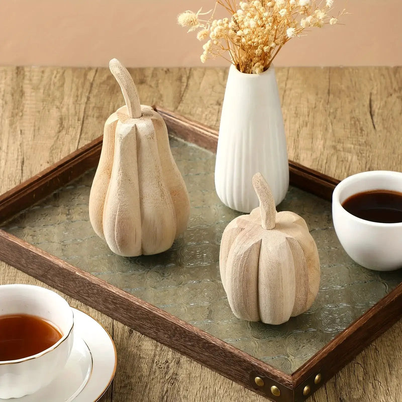 2pcs Hand-Carved Paulownia Wood Pumpkins - 6.5" & 4.5" Farmhouse Thanksgiving Decor, Natural Wood Grain Harvest Table Centerpiece, Rustic Home Signage, No Electricity Needed, Farmhouse Rustic Decor, Seasonal Table Centerpiece by House Of Avana