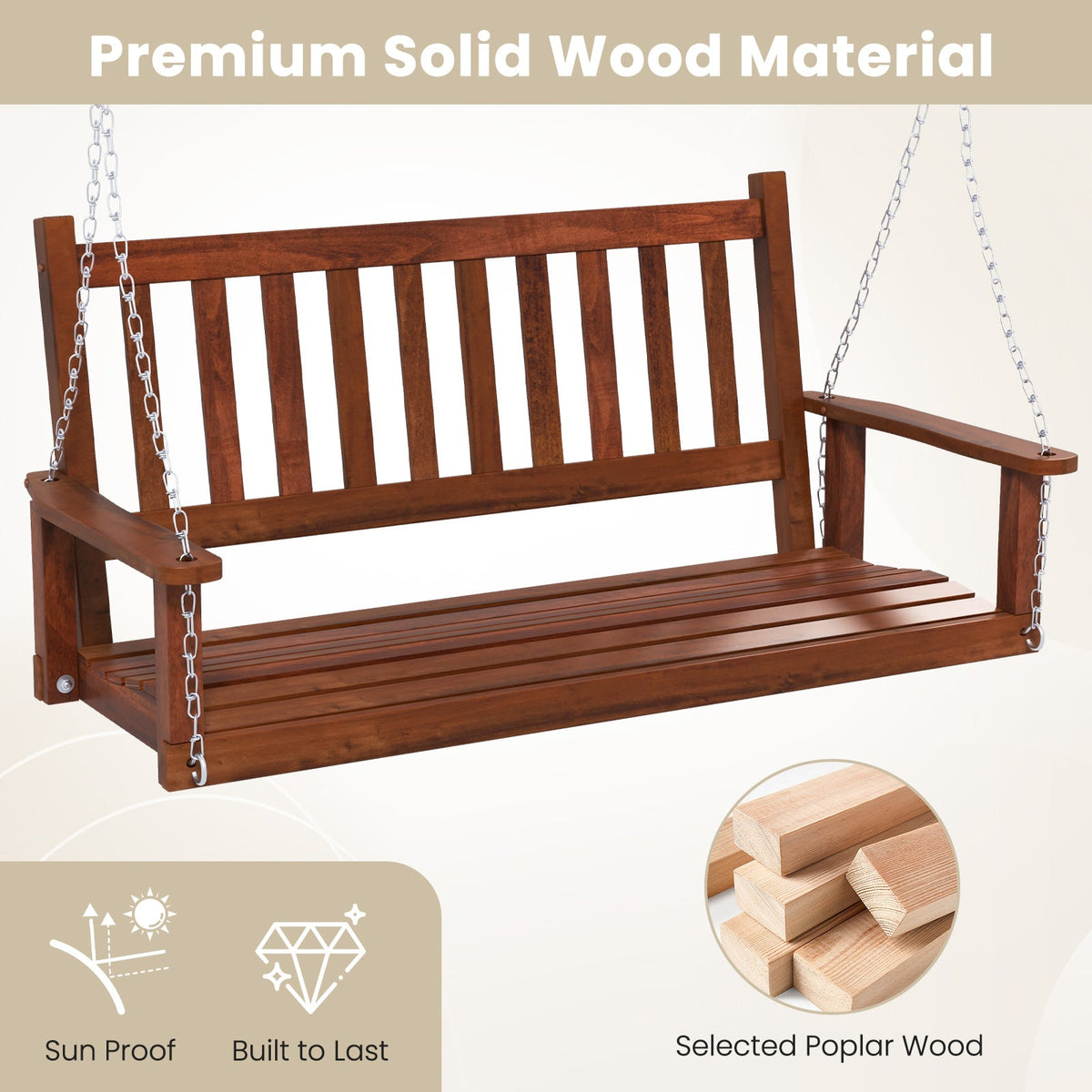 2-Person Wooden Outdoor Porch Swing with 500 lbs Weight Capacity, photo 6 of 9