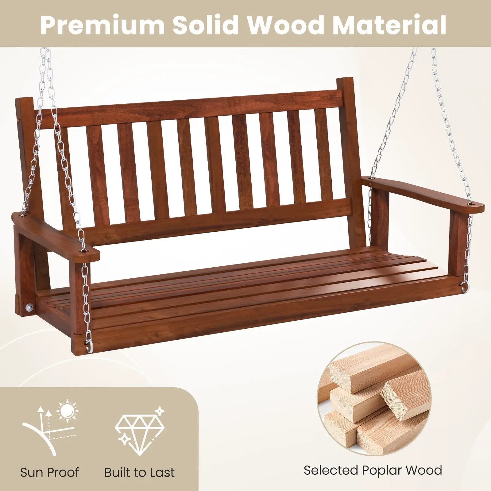 2-Person Wooden Outdoor Porch Swing with 500 lbs Weight Capacity by DirectDeals