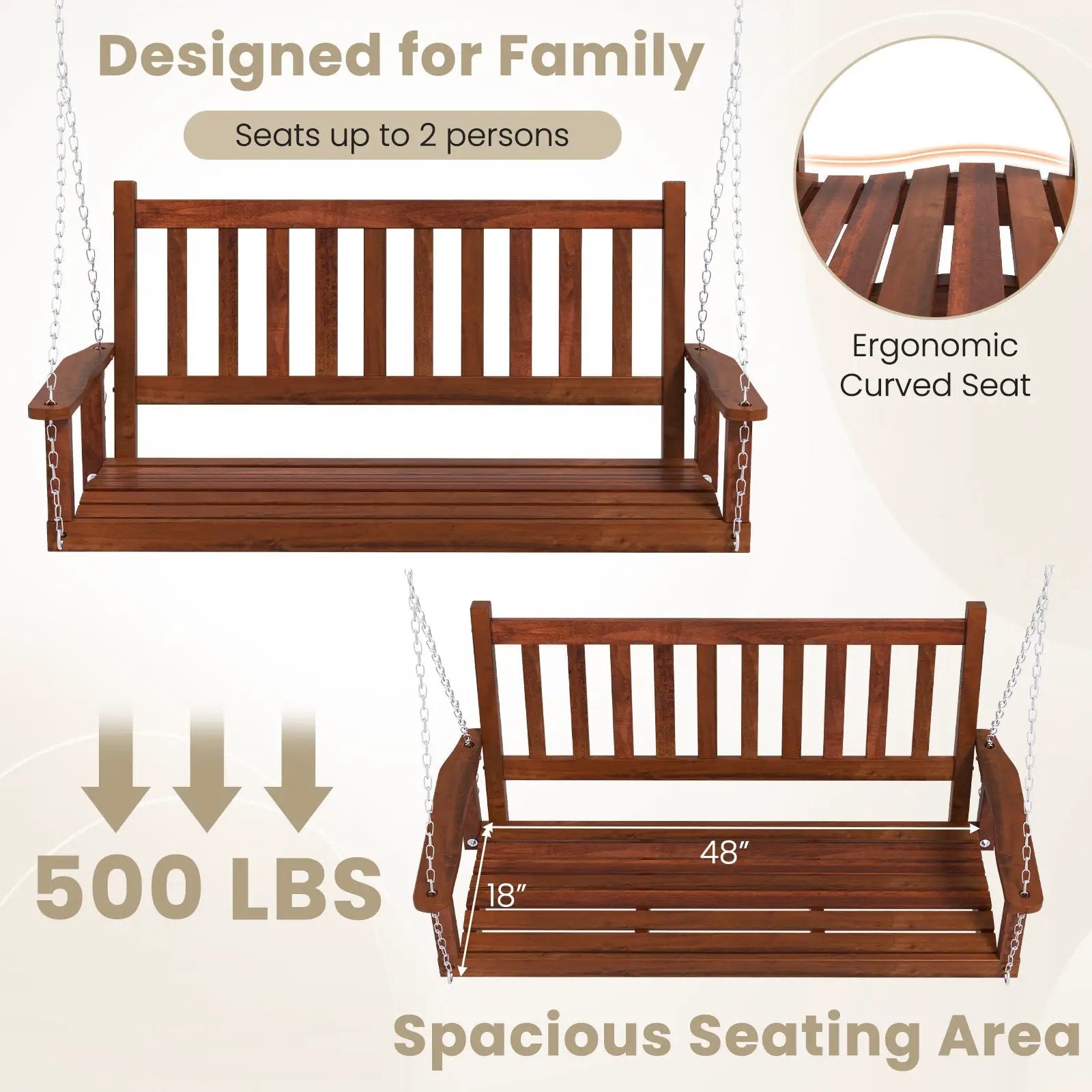 2-Person Wooden Outdoor Porch Swing with 500 lbs Weight Capacity by DirectDeals