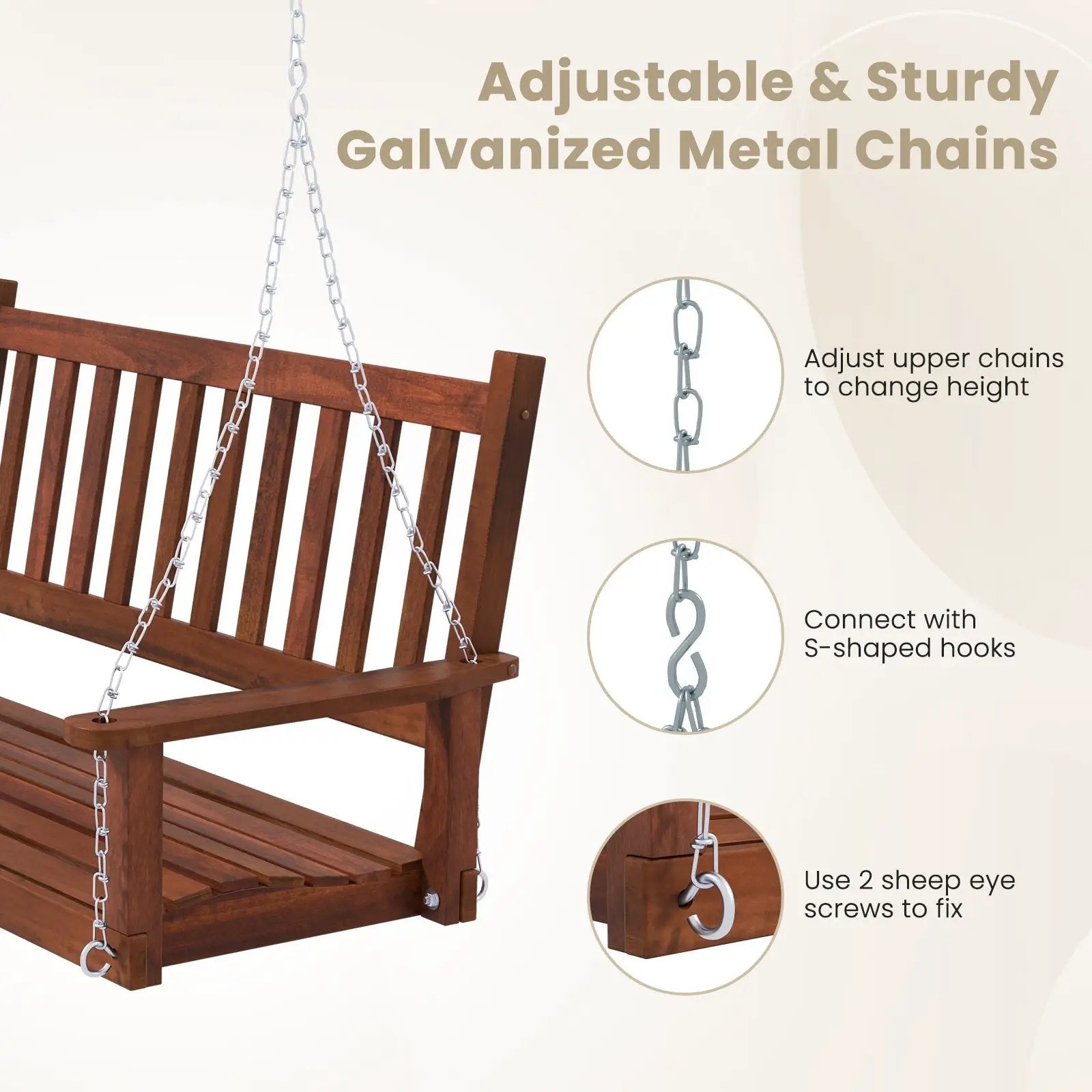 2-Person Wooden Outdoor Porch Swing with 500 lbs Weight Capacity by DirectDeals