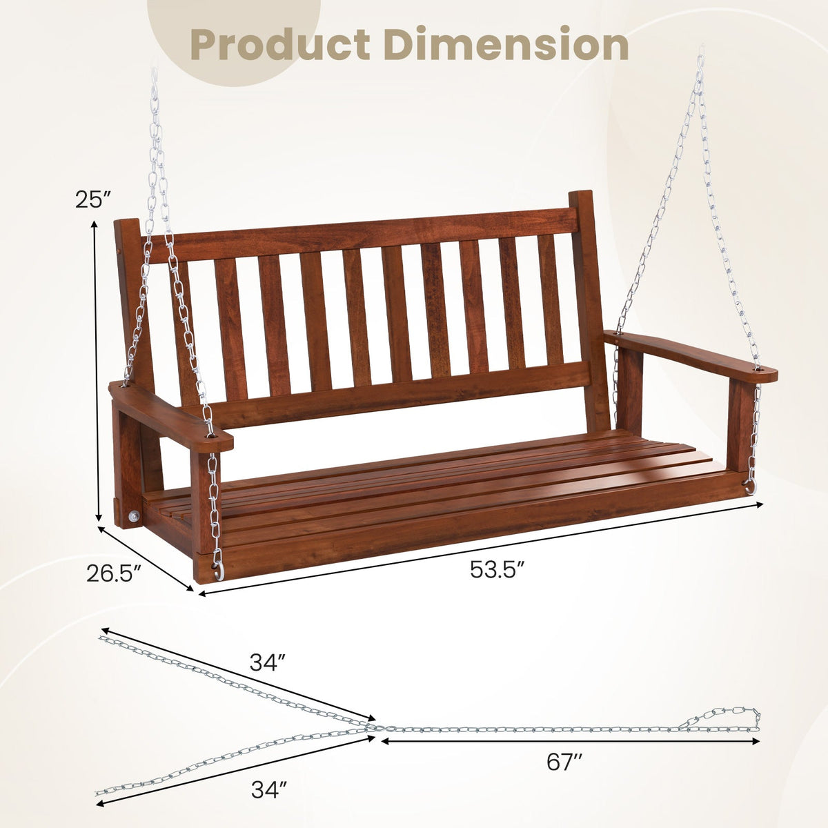 2-Person Wooden Outdoor Porch Swing with 500 lbs Weight Capacity, photo 4 of 9