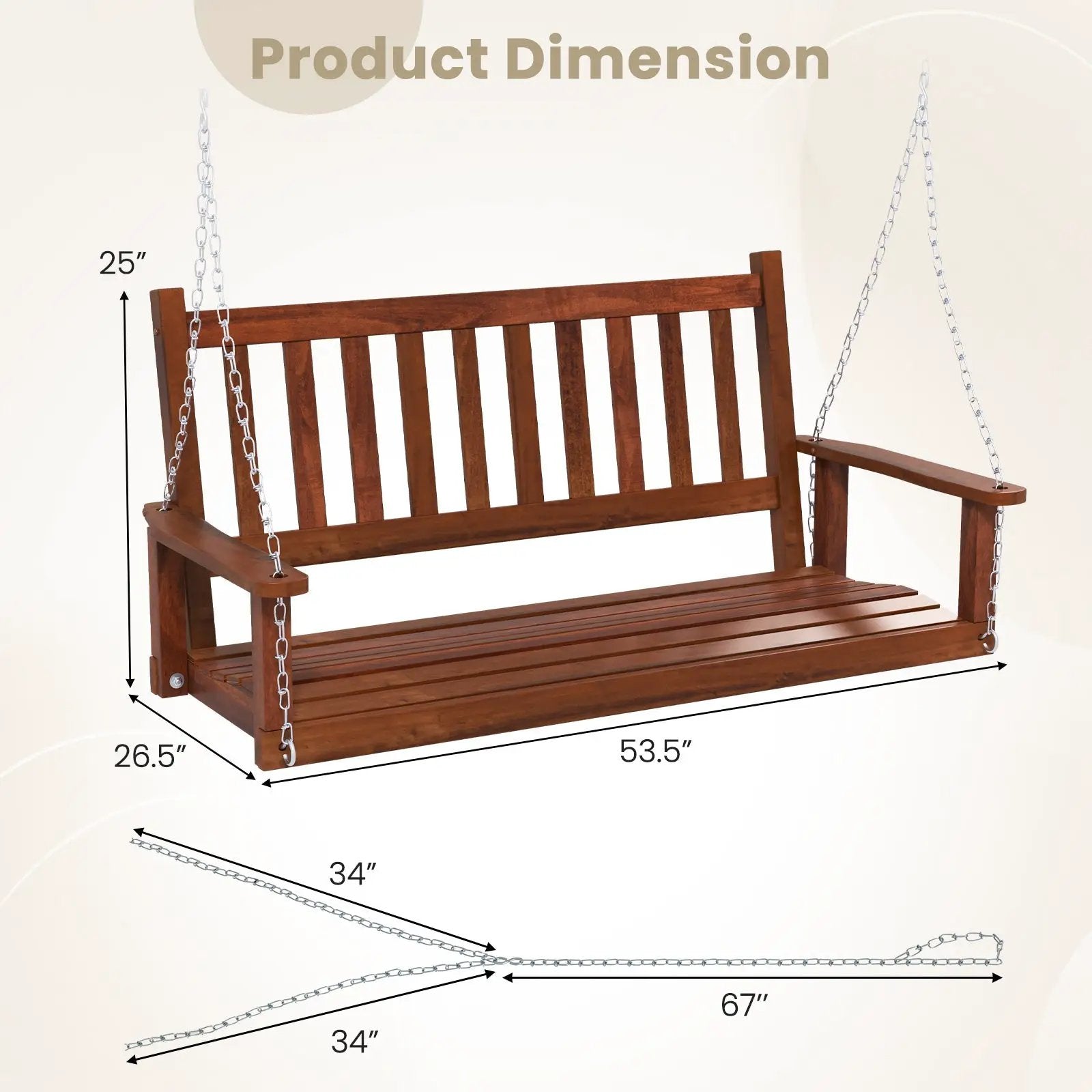 2-Person Wooden Outdoor Porch Swing with 500 lbs Weight Capacity by DirectDeals