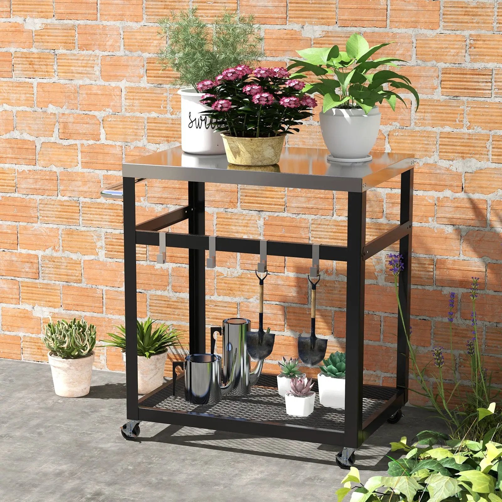 2-Tier Stainless Steel Grill Cart with 4 Hooks and Wheels BBQ Table-Black by DirectDeals