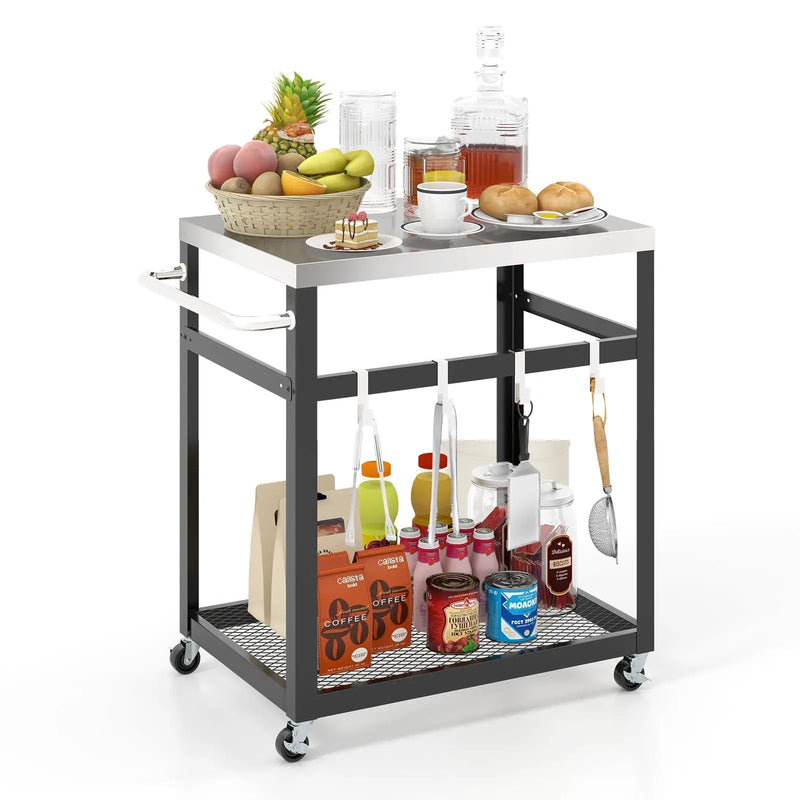 2-Tier Stainless Steel Grill Cart with 4 Hooks and Wheels BBQ Table-Black by DirectDeals