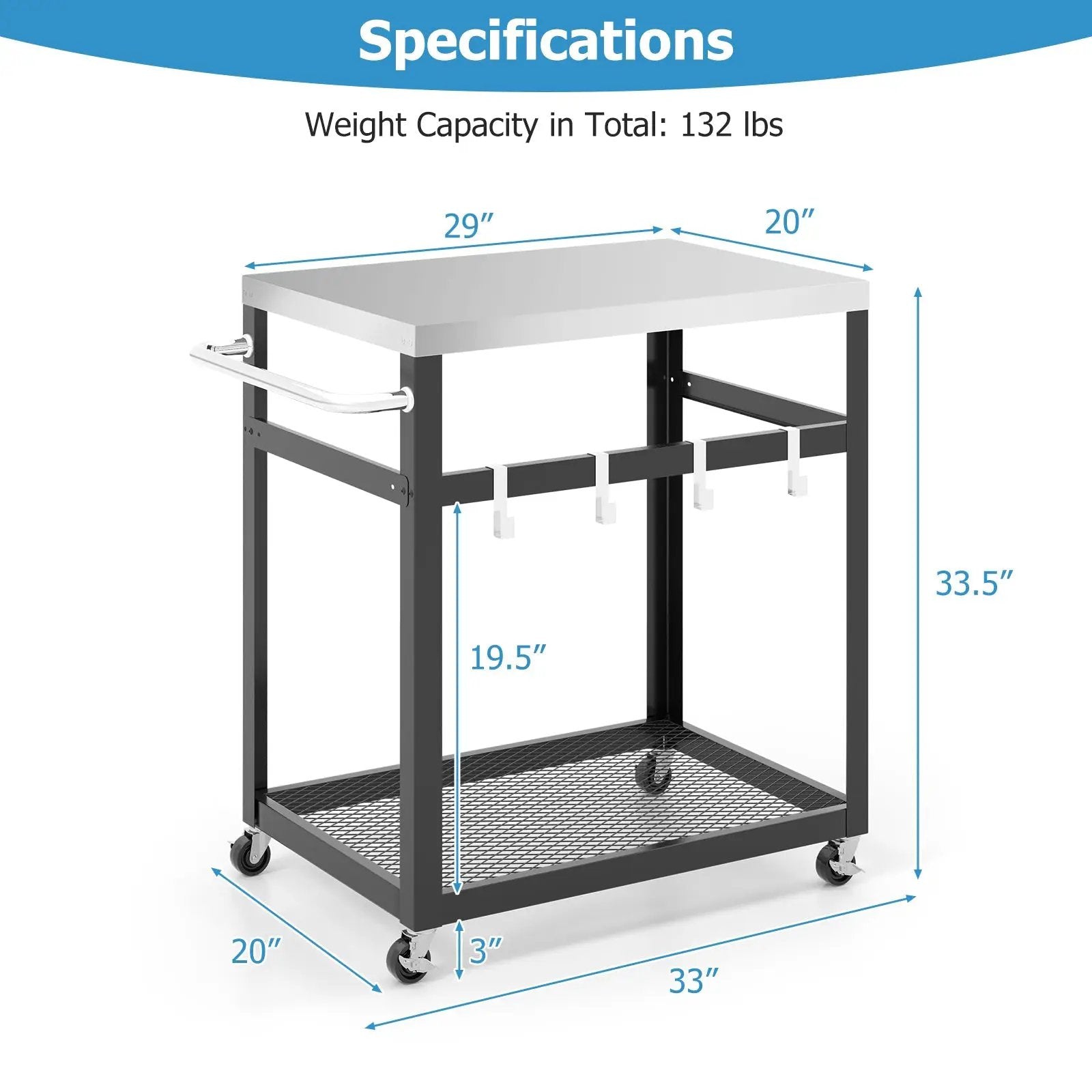 2-Tier Stainless Steel Grill Cart with 4 Hooks and Wheels BBQ Table-Black by DirectDeals