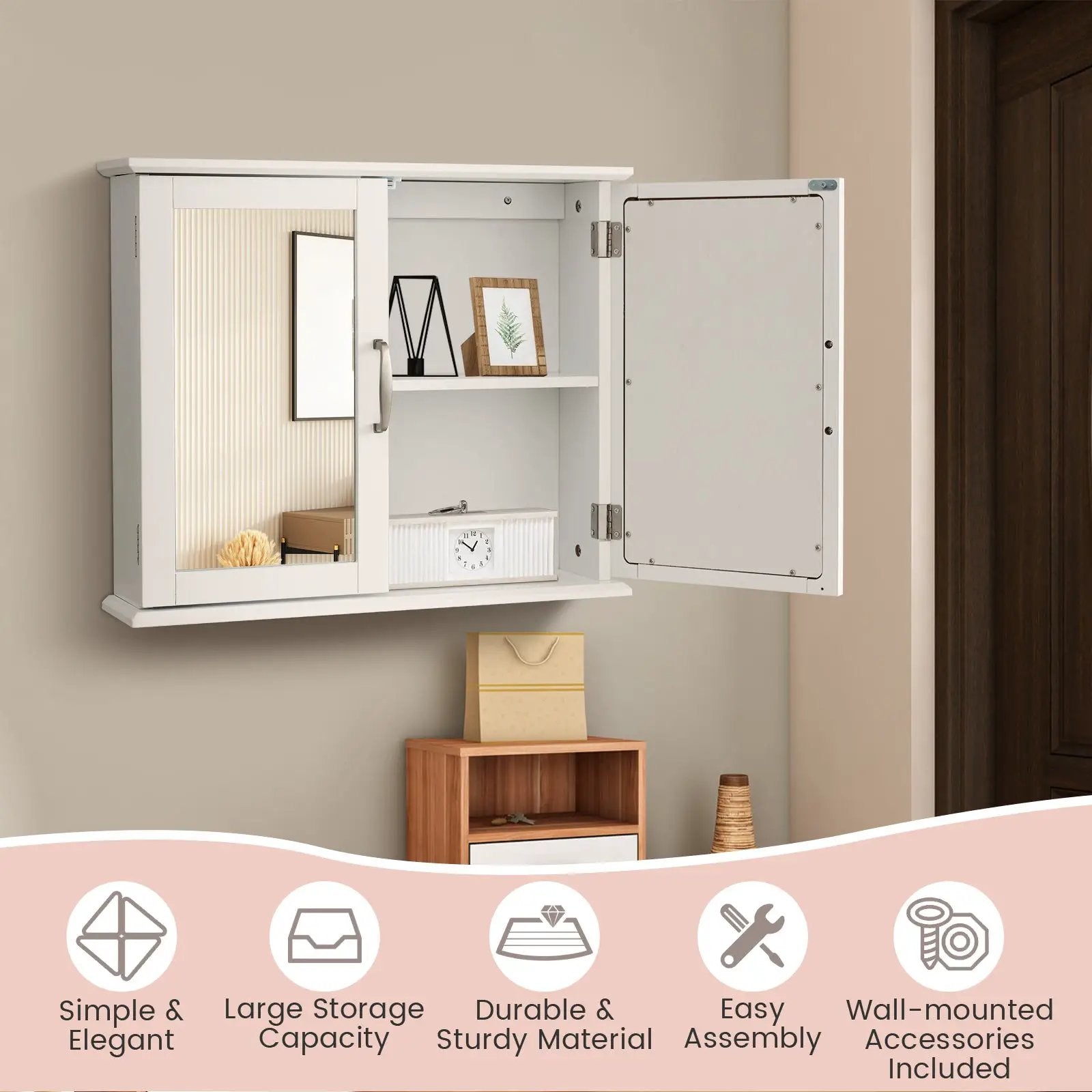 2-Tier Bathroom Wall-Mounted Mirror Storage Cabinet with Handles-White by DirectDeals