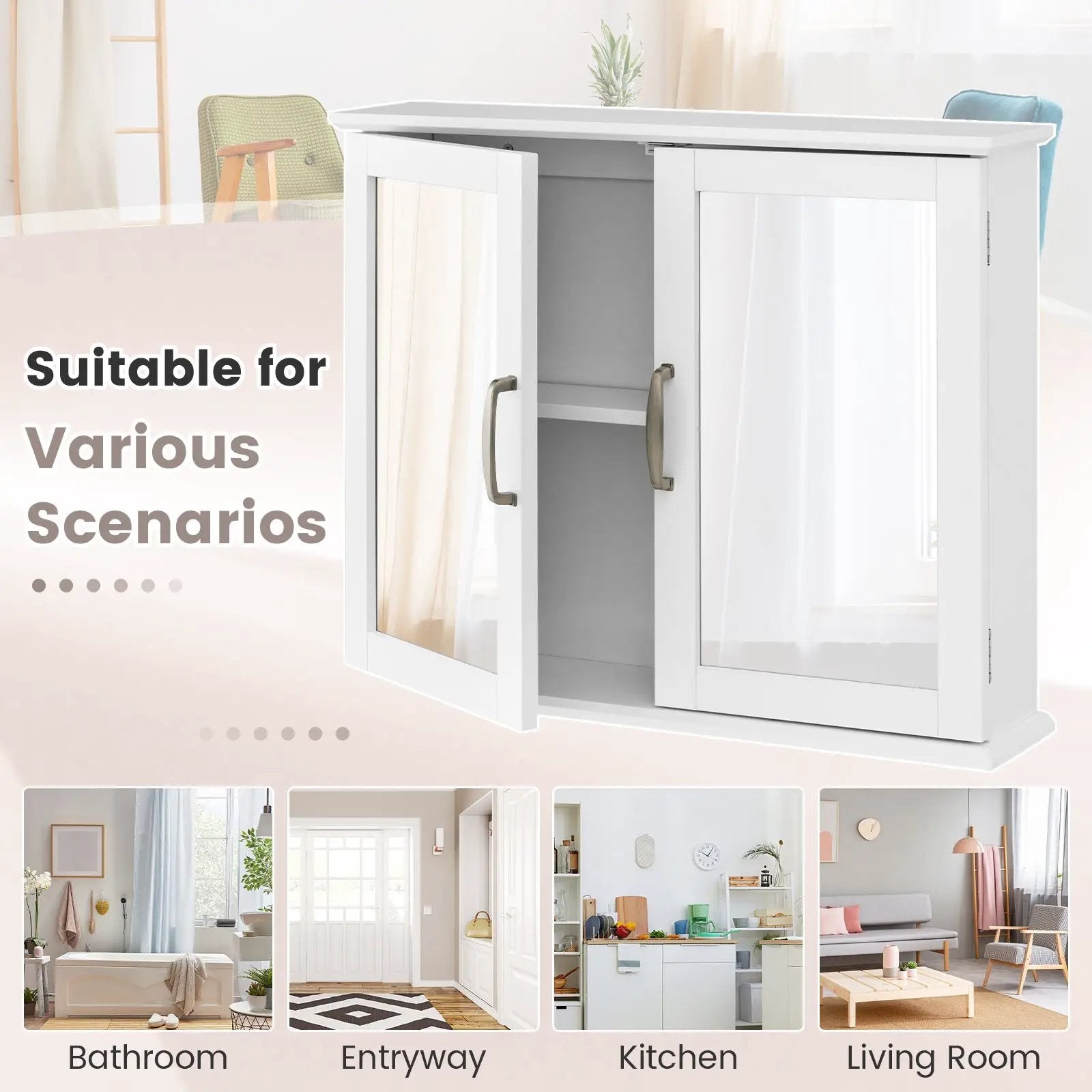 2-Tier Bathroom Wall-Mounted Mirror Storage Cabinet with Handles-White by DirectDeals