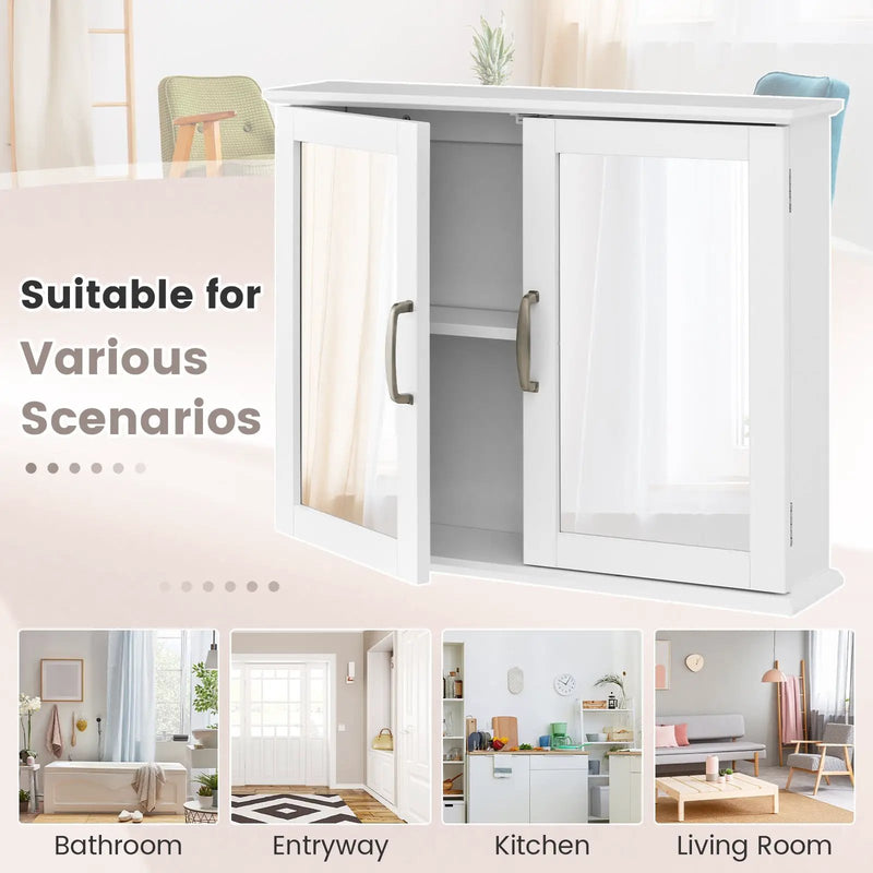 2-Tier Bathroom Wall-Mounted Mirror Storage Cabinet with Handles-White by DirectDeals