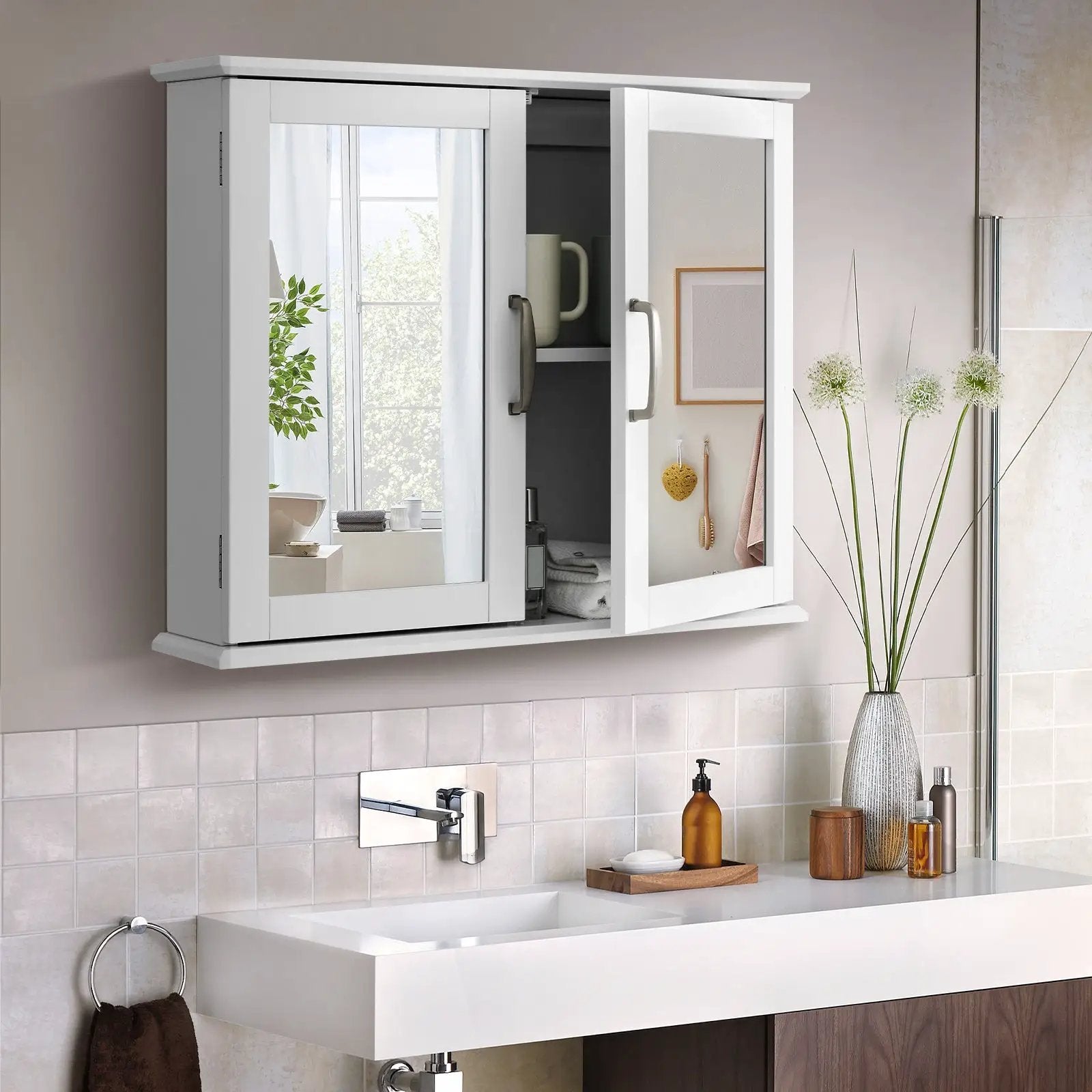 2-Tier Bathroom Wall-Mounted Mirror Storage Cabinet with Handles-White by DirectDeals