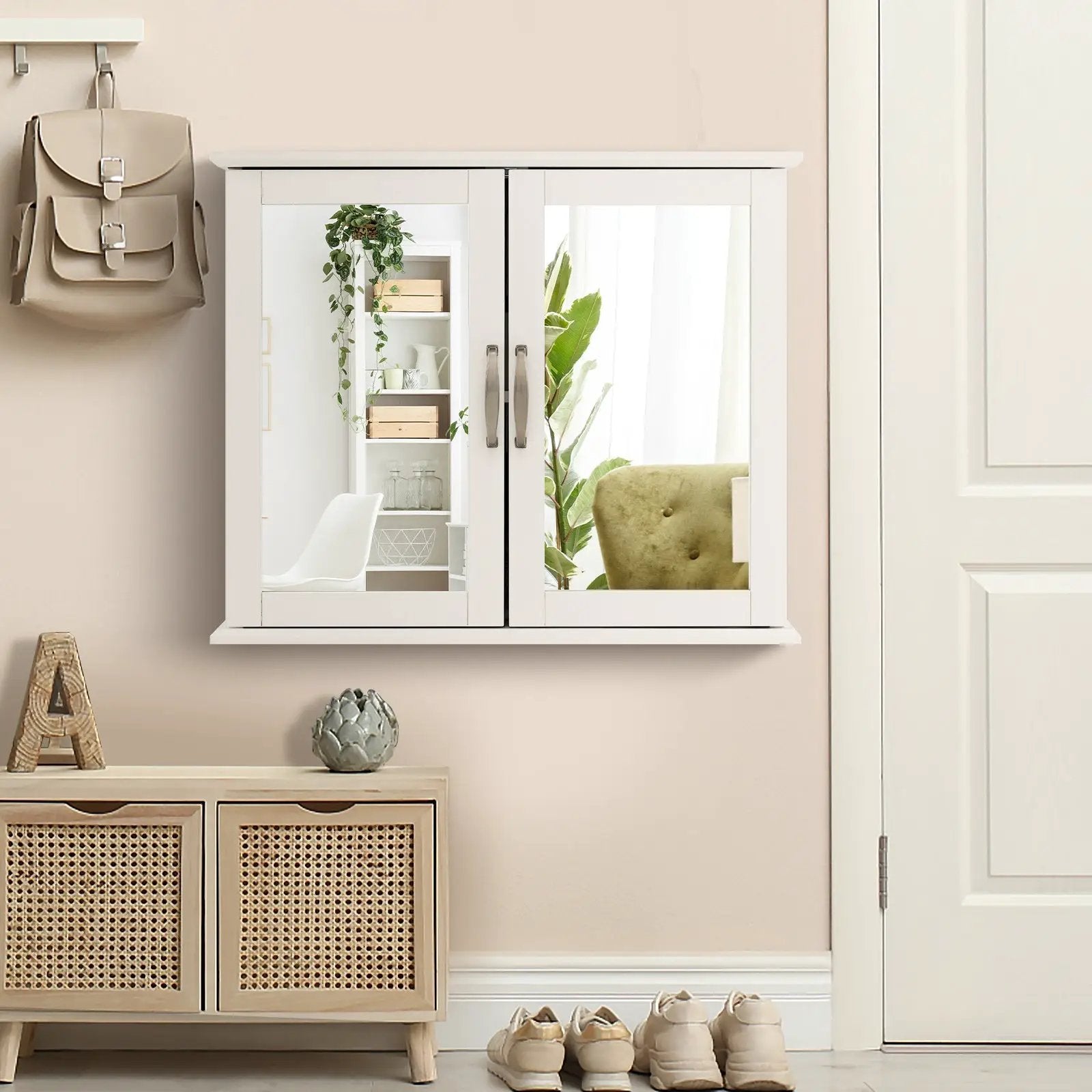 2-Tier Bathroom Wall-Mounted Mirror Storage Cabinet with Handles-White by DirectDeals