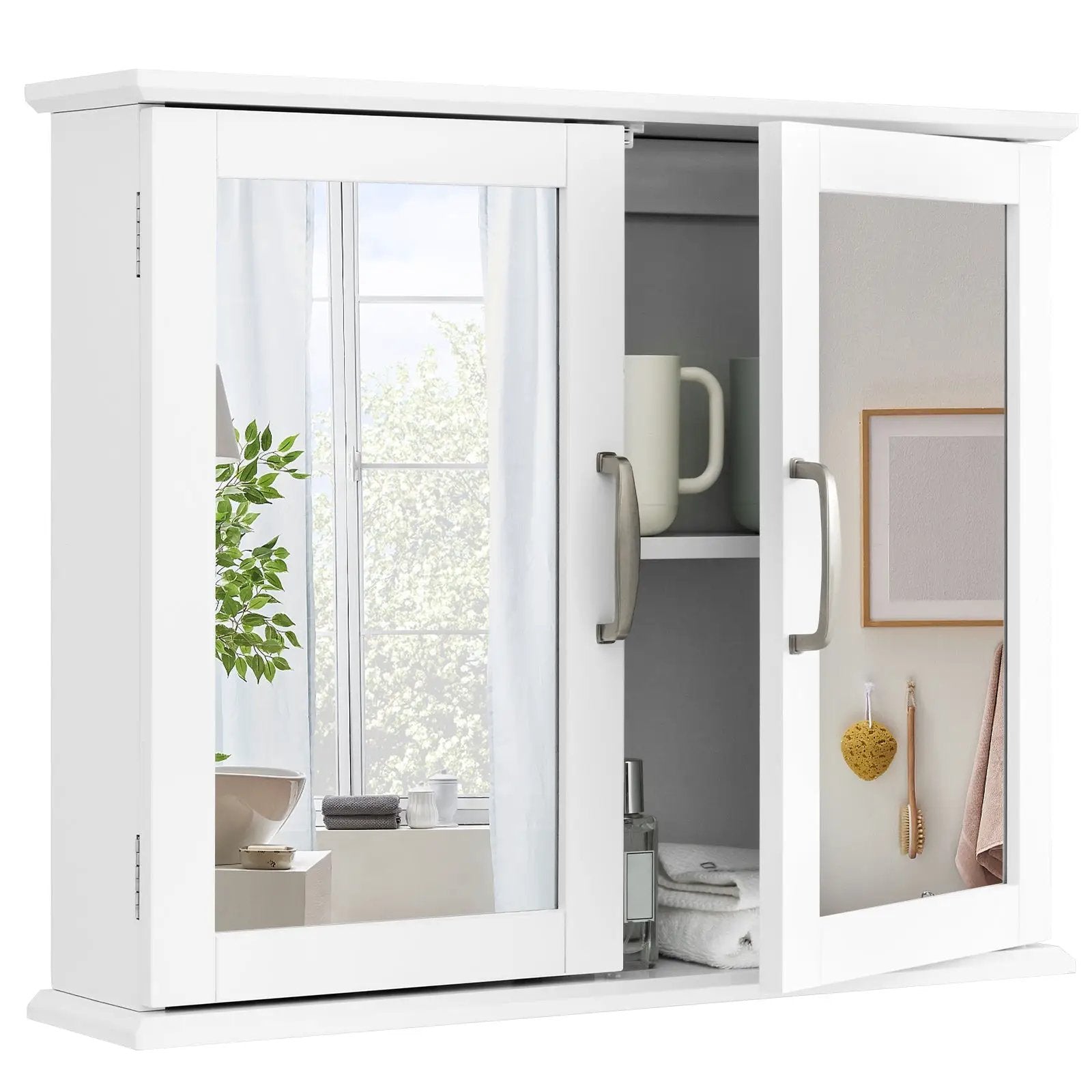 2-Tier Bathroom Wall-Mounted Mirror Storage Cabinet with Handles-White by DirectDeals