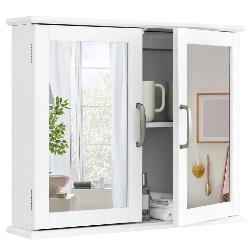 2-Tier Bathroom Wall-Mounted Mirror Storage Cabinet with Handles-White by DirectDeals