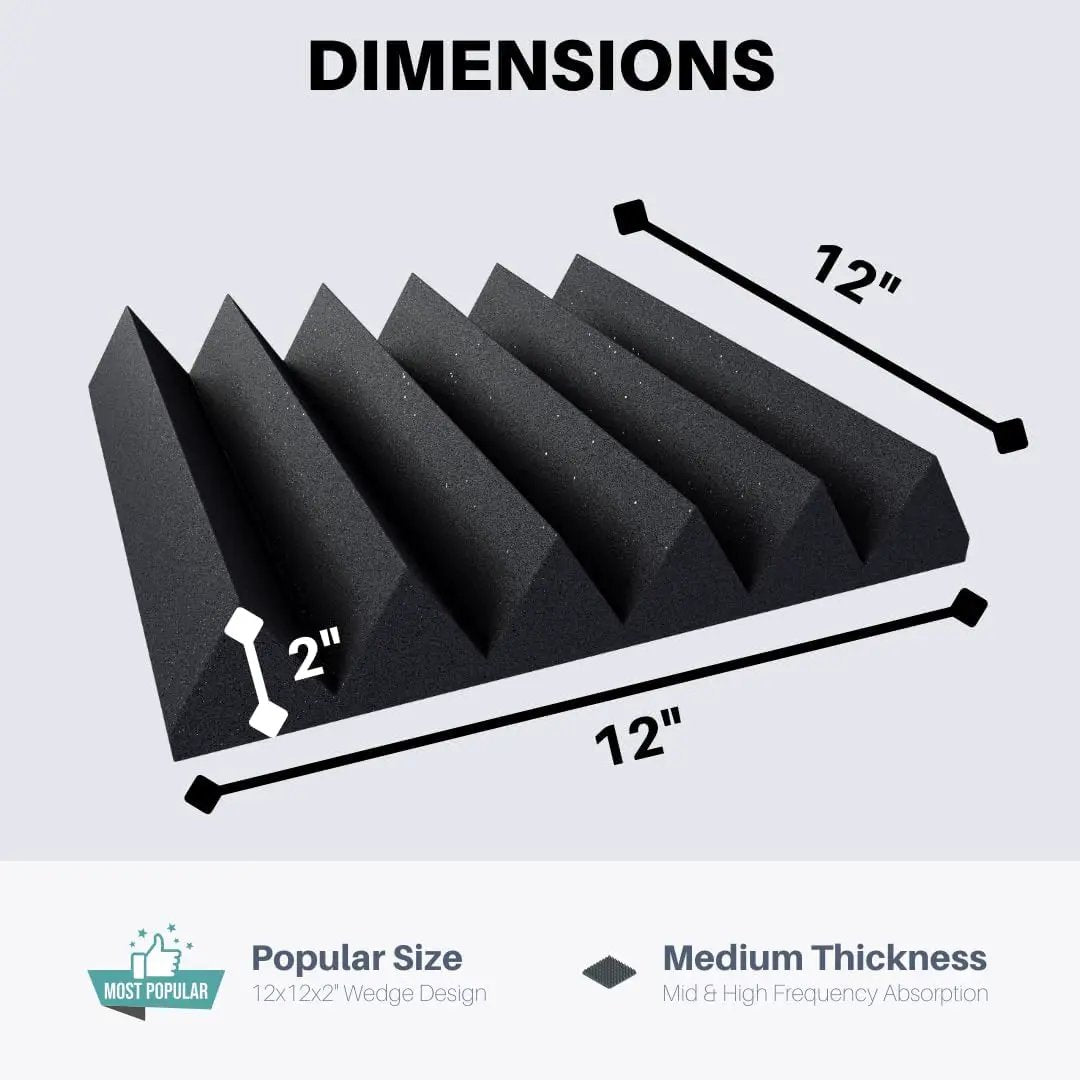 Easy Mount Acoustic Foam Kit - 12x12x2" Acoustic Foam Panels With Adhesive - Wedge Style - 4 Pack, dimensions drawing