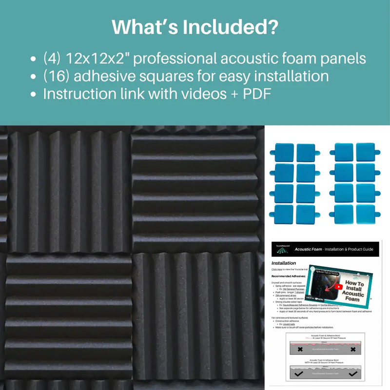 Easy Mount Acoustic Foam Kit - 12x12x2" Acoustic Foam Panels With Adhesive - Wedge Style - 4 Pack by SoundAssured