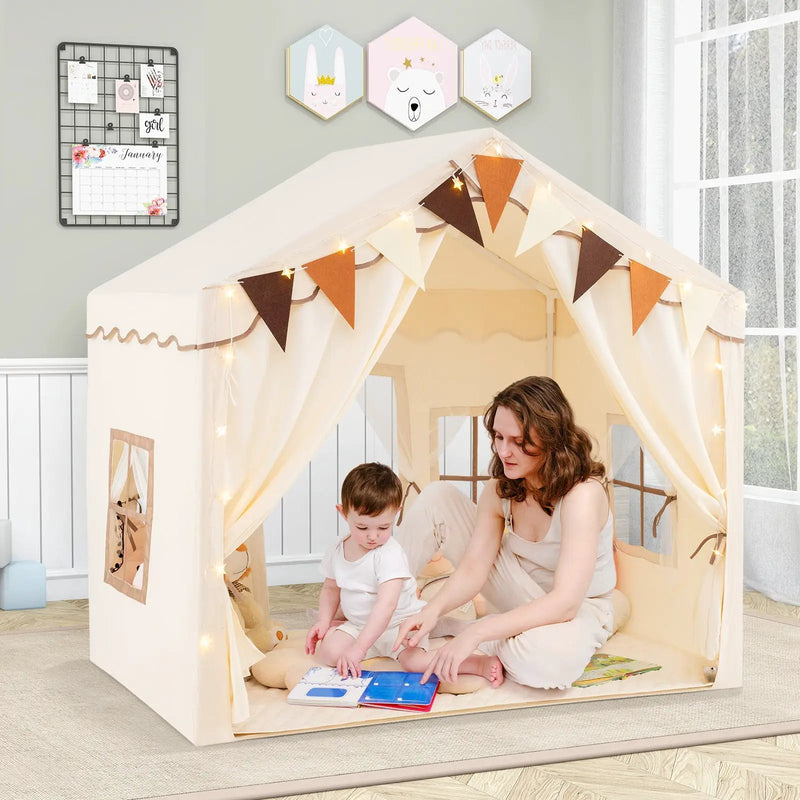 3-4 Kids Large Play Tent House with 2 Opening Doors and Star Lights-Beige by DirectDeals