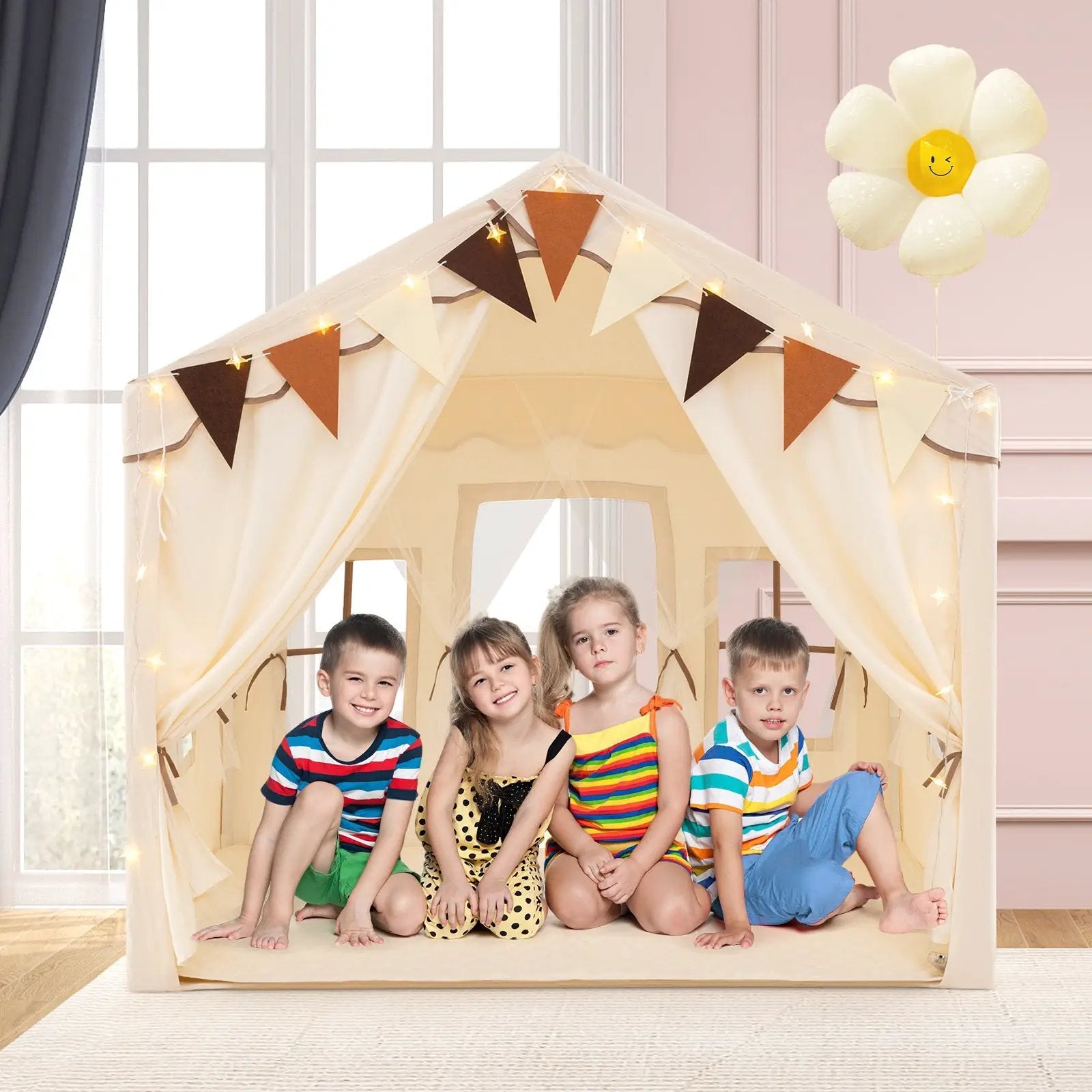 3-4 Kids Large Play Tent House with 2 Opening Doors and Star Lights-Beige by DirectDeals