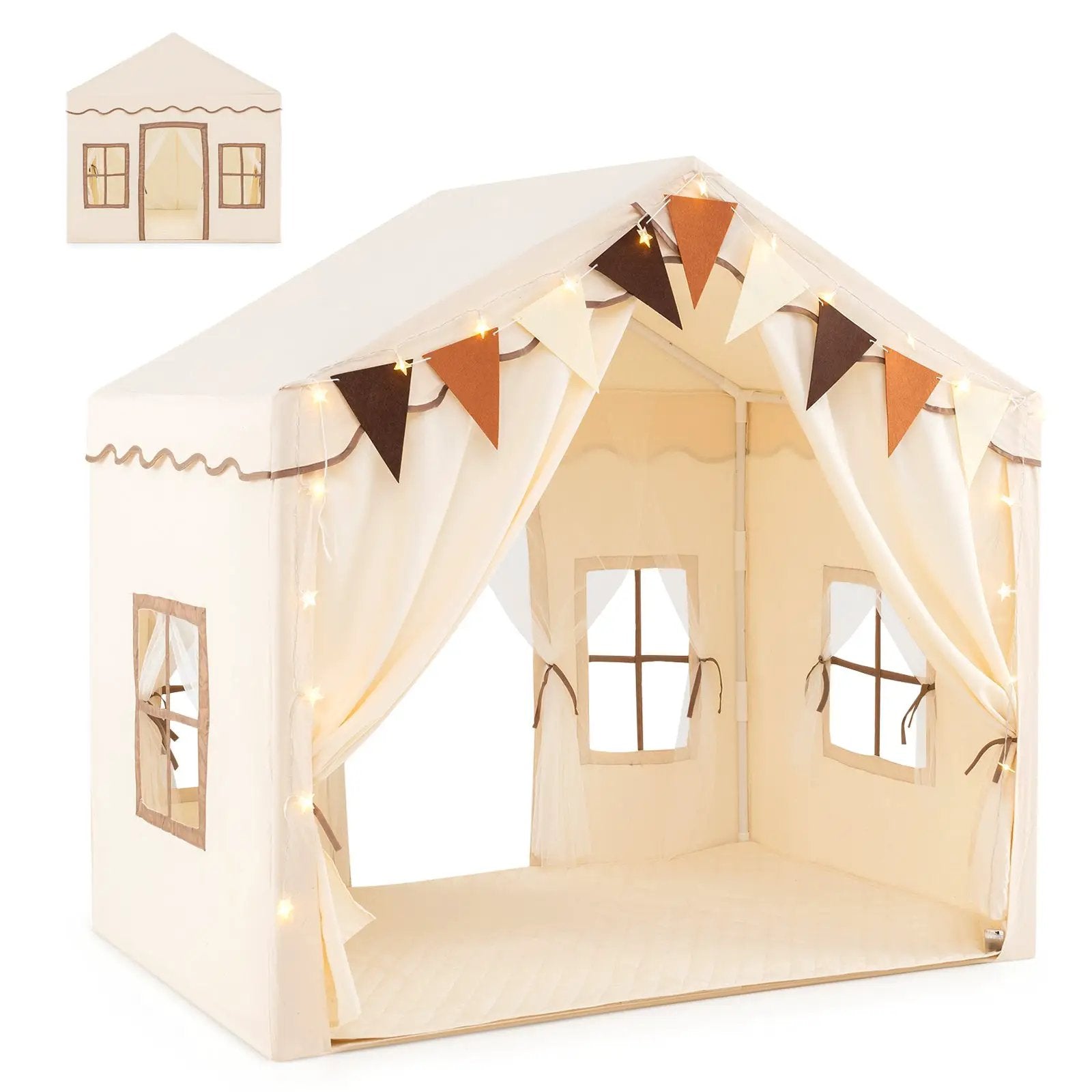 3-4 Kids Large Play Tent House with 2 Opening Doors and Star Lights-Beige by DirectDeals