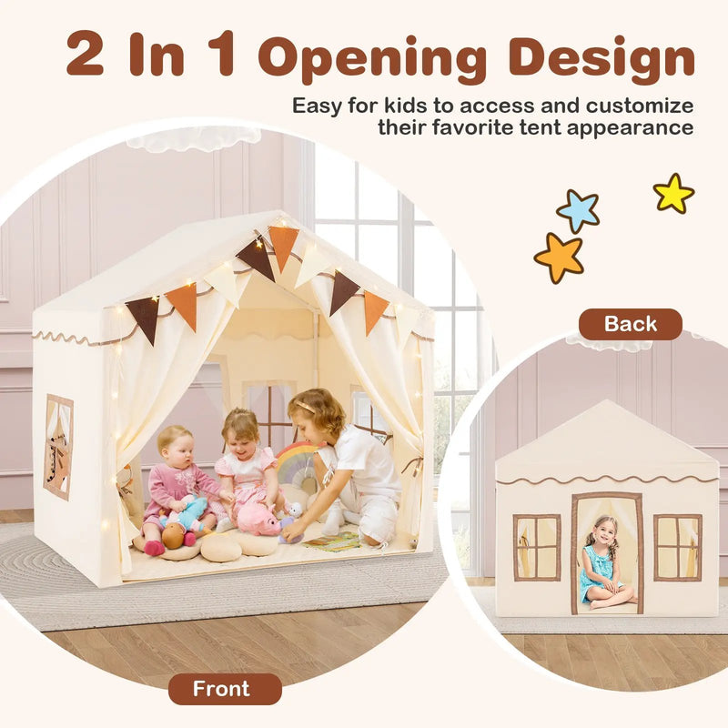 3-4 Kids Large Play Tent House with 2 Opening Doors and Star Lights-Beige by DirectDeals