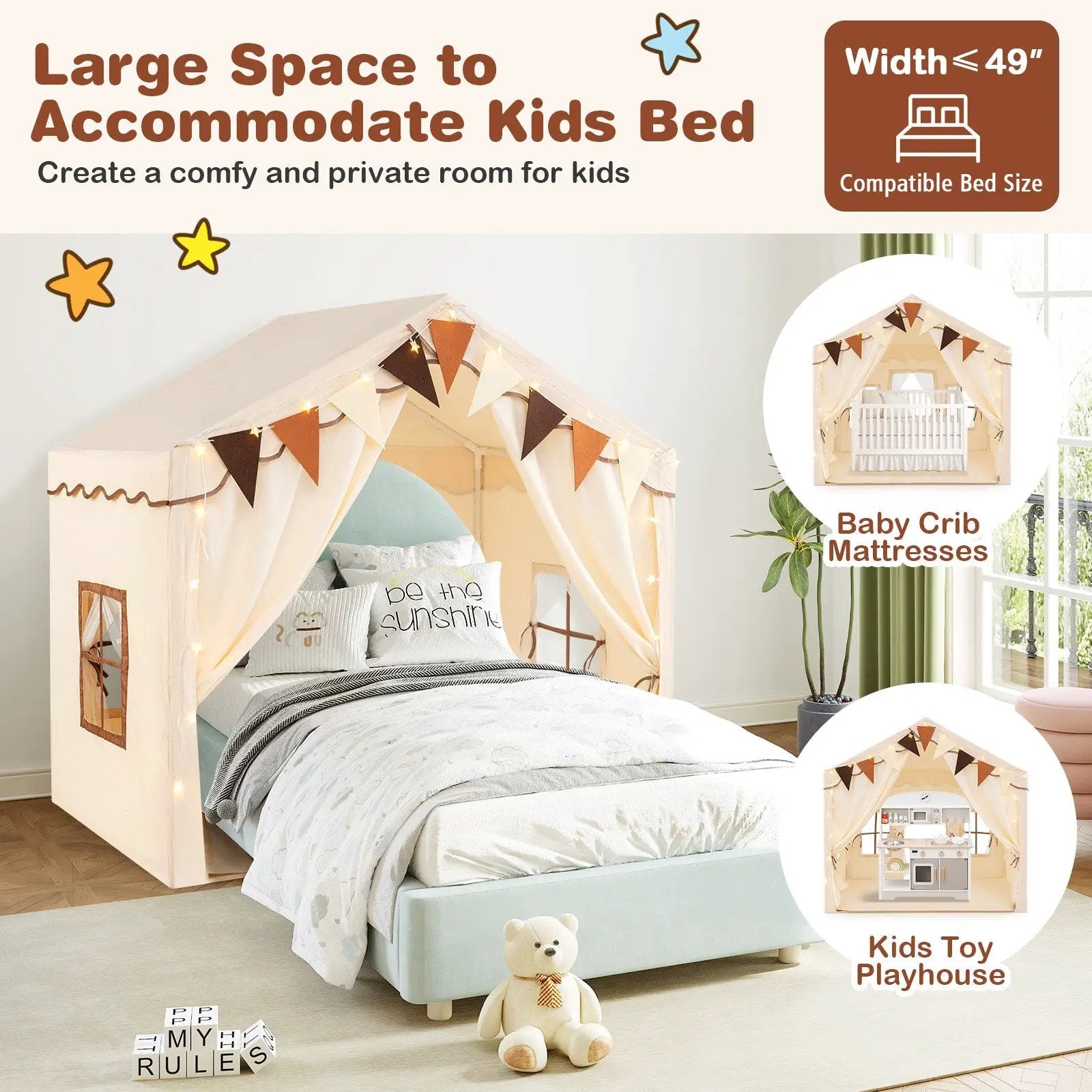 3-4 Kids Large Play Tent House with 2 Opening Doors and Star Lights-Beige by DirectDeals
