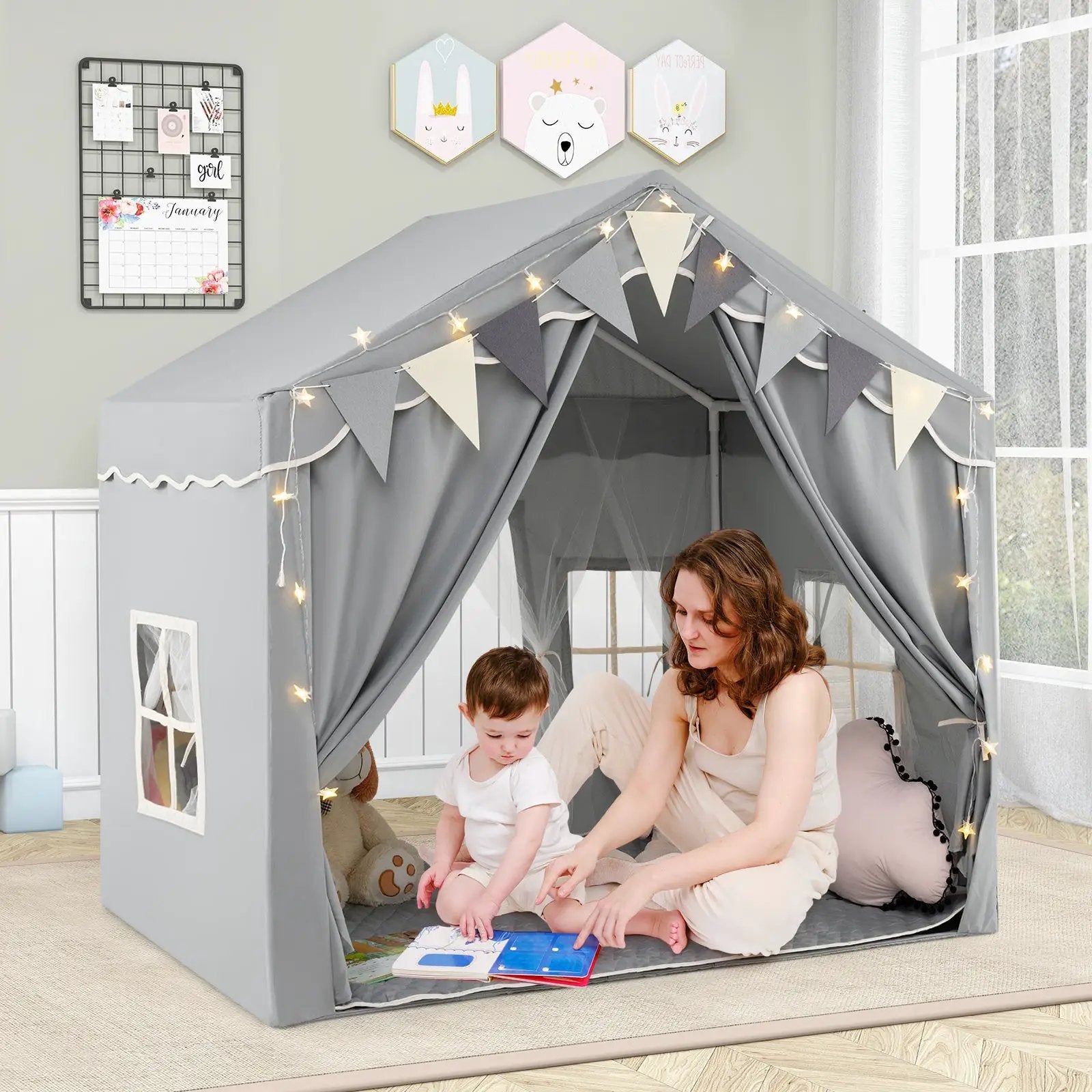 3-4 Kids Large Play Tent House with 2 Opening Doors and Star Lights-Gray by DirectDeals