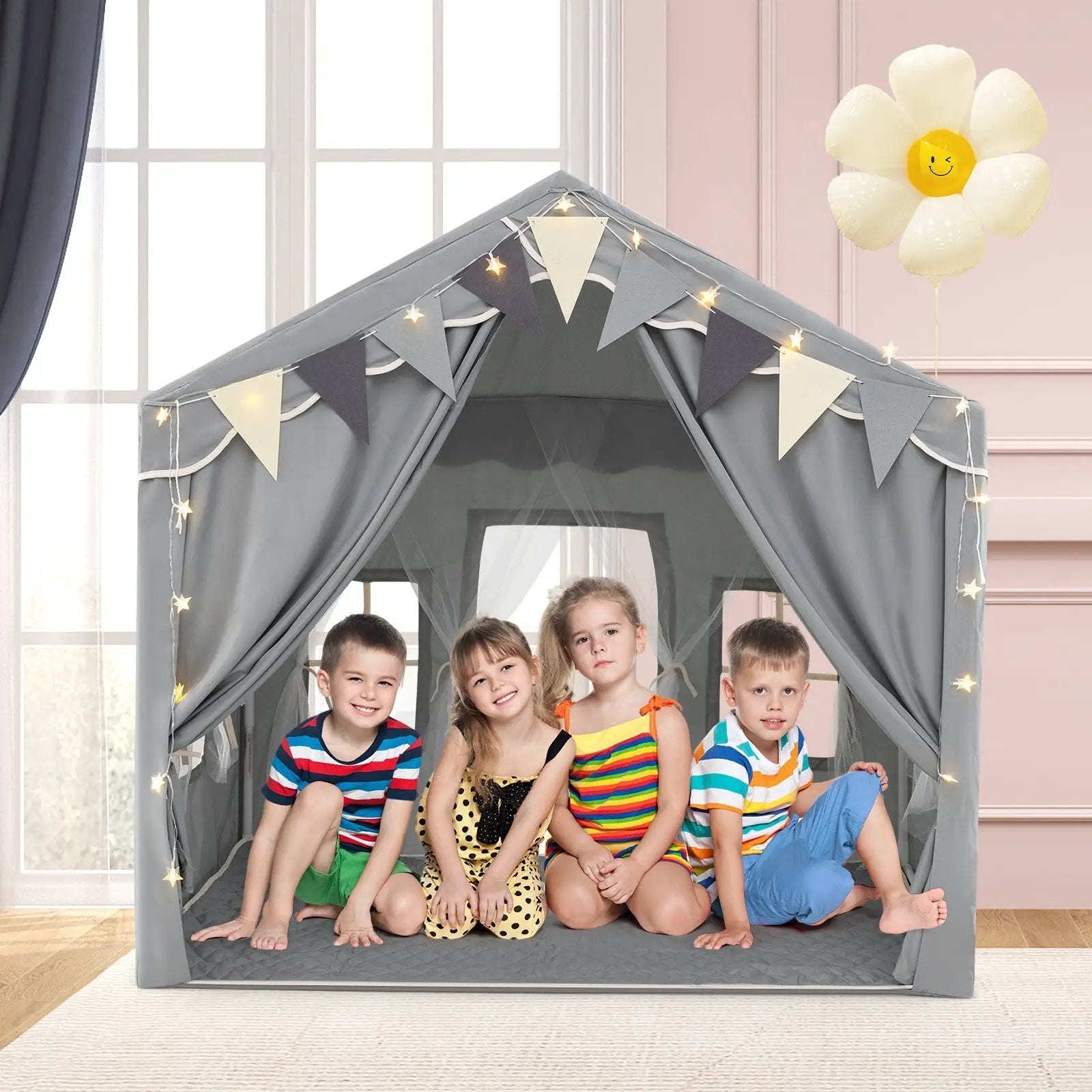 3-4 Kids Large Play Tent House with 2 Opening Doors and Star Lights-Gray by DirectDeals