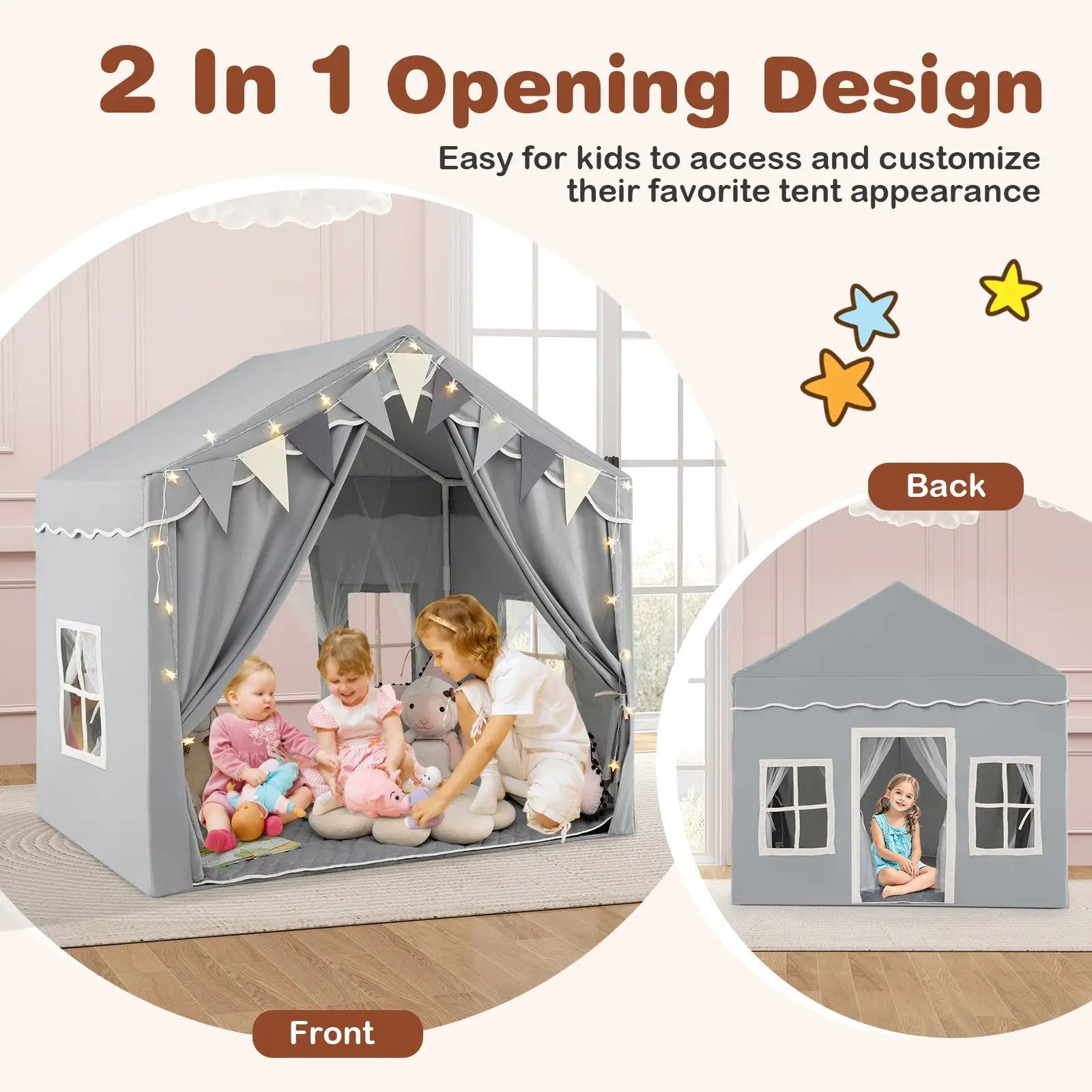 3-4 Kids Large Play Tent House with 2 Opening Doors and Star Lights-Gray by DirectDeals