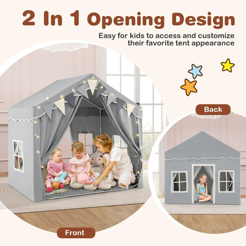3-4 Kids Large Play Tent House with 2 Opening Doors and Star Lights-Gray by DirectDeals