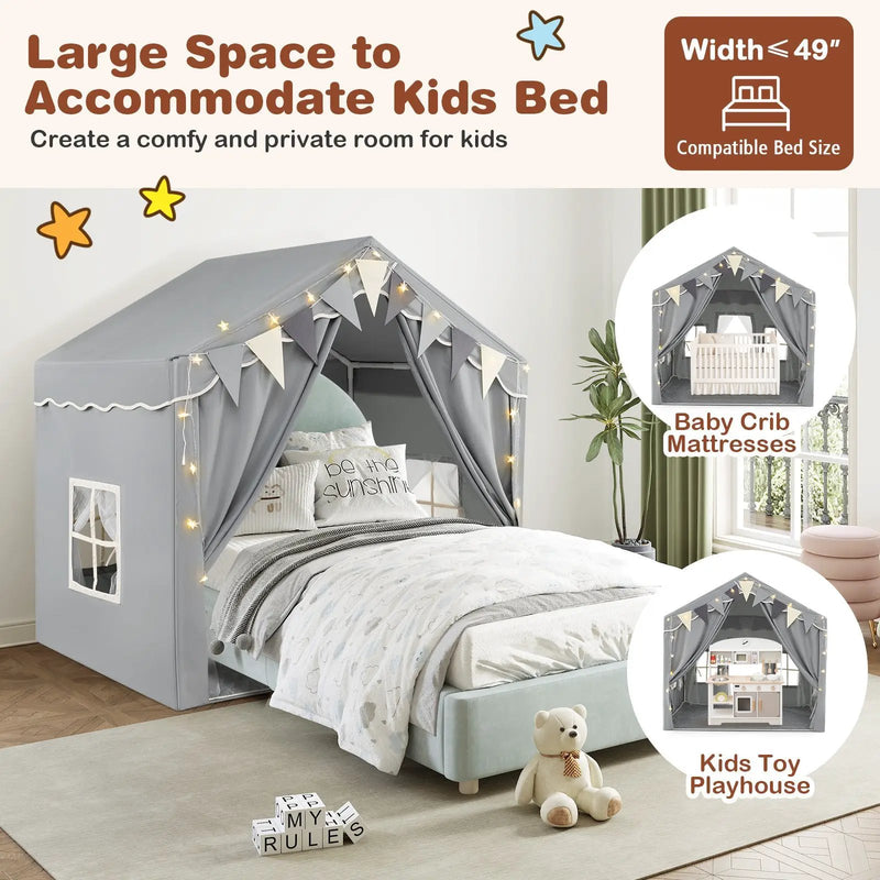 3-4 Kids Large Play Tent House with 2 Opening Doors and Star Lights-Gray by DirectDeals