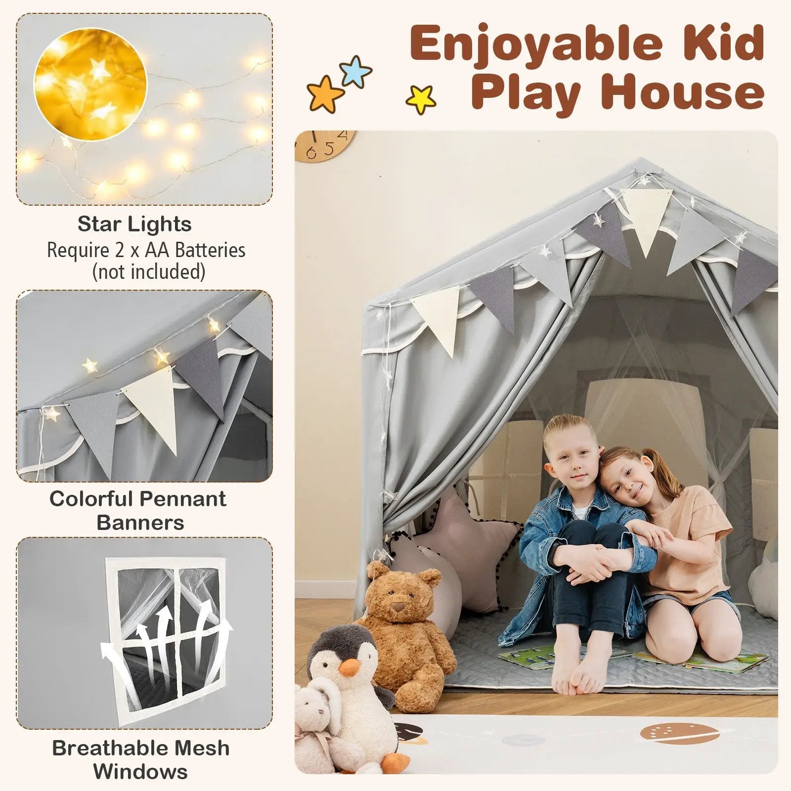 3-4 Kids Large Play Tent House with 2 Opening Doors and Star Lights-Gray by DirectDeals