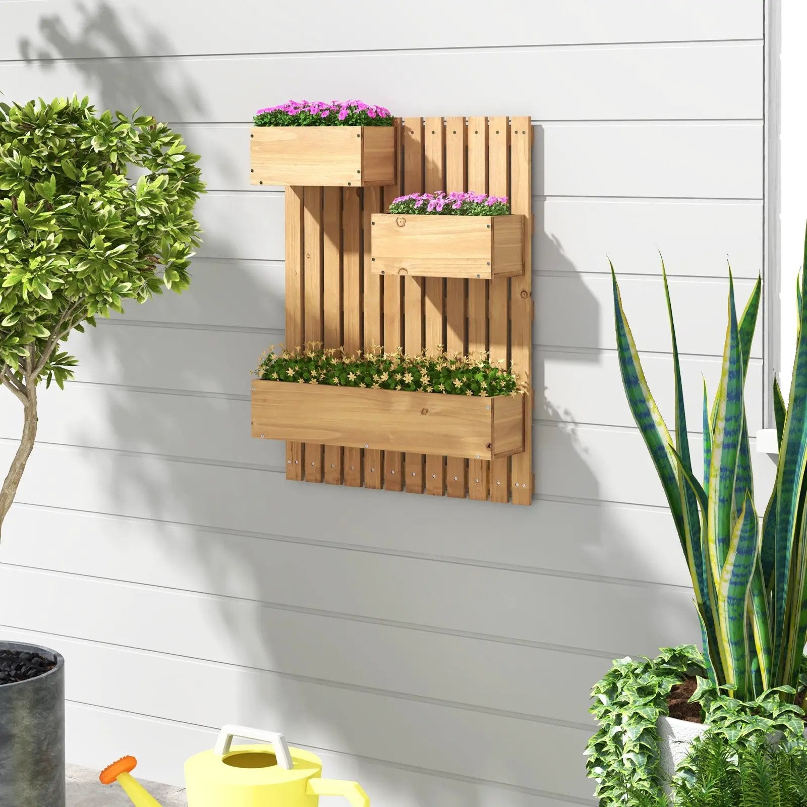 3-Box Wooden Raised Garden Bed with Trellises and Fabric Liners-Natural by DirectDeals