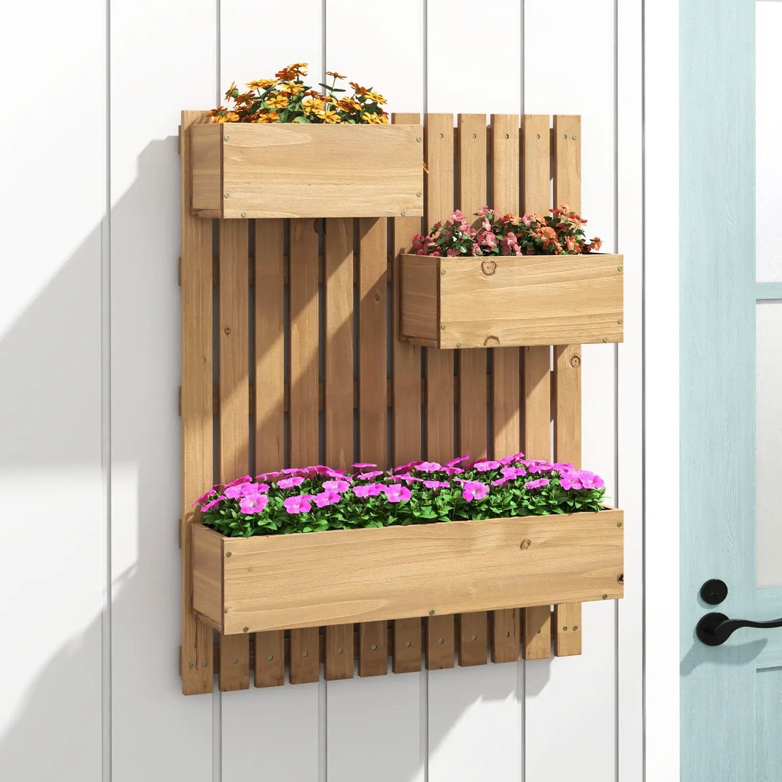 3-Box Wooden Raised Garden Bed with Trellises and Fabric Liners-Natural by DirectDeals