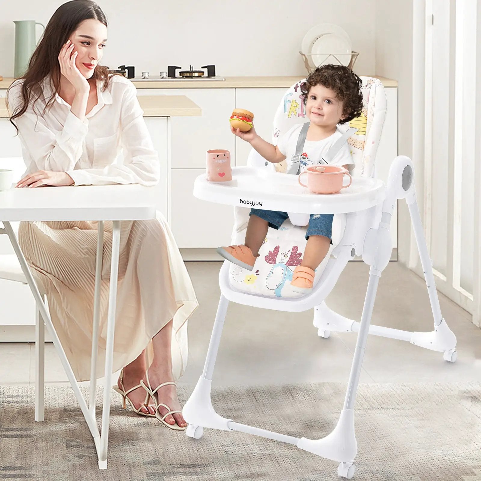 3-In-1 Convertible Highchair with Adjustable Height and 5-Point Safety Belt and Lockable Wheels by DirectDeals