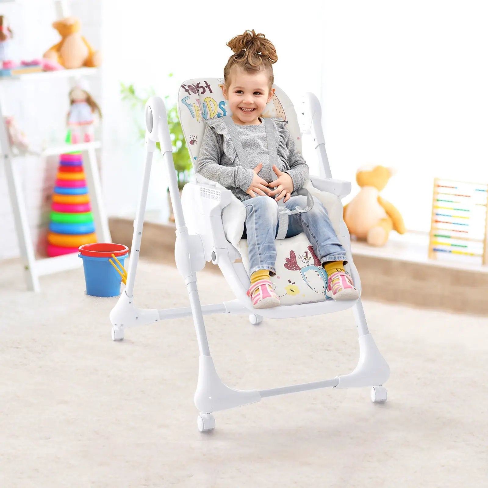 3-In-1 Convertible Highchair with Adjustable Height and 5-Point Safety Belt and Lockable Wheels by DirectDeals